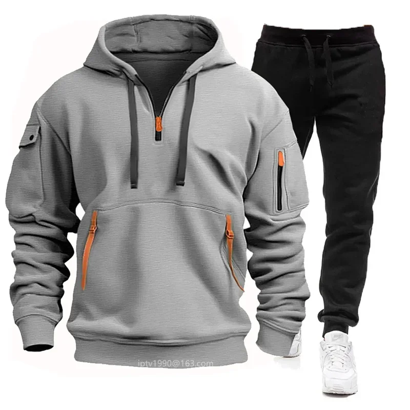 Men\'s sports suit, hooded sweatshirt and zippered sweatpants, multiple pockets, spring and autumn