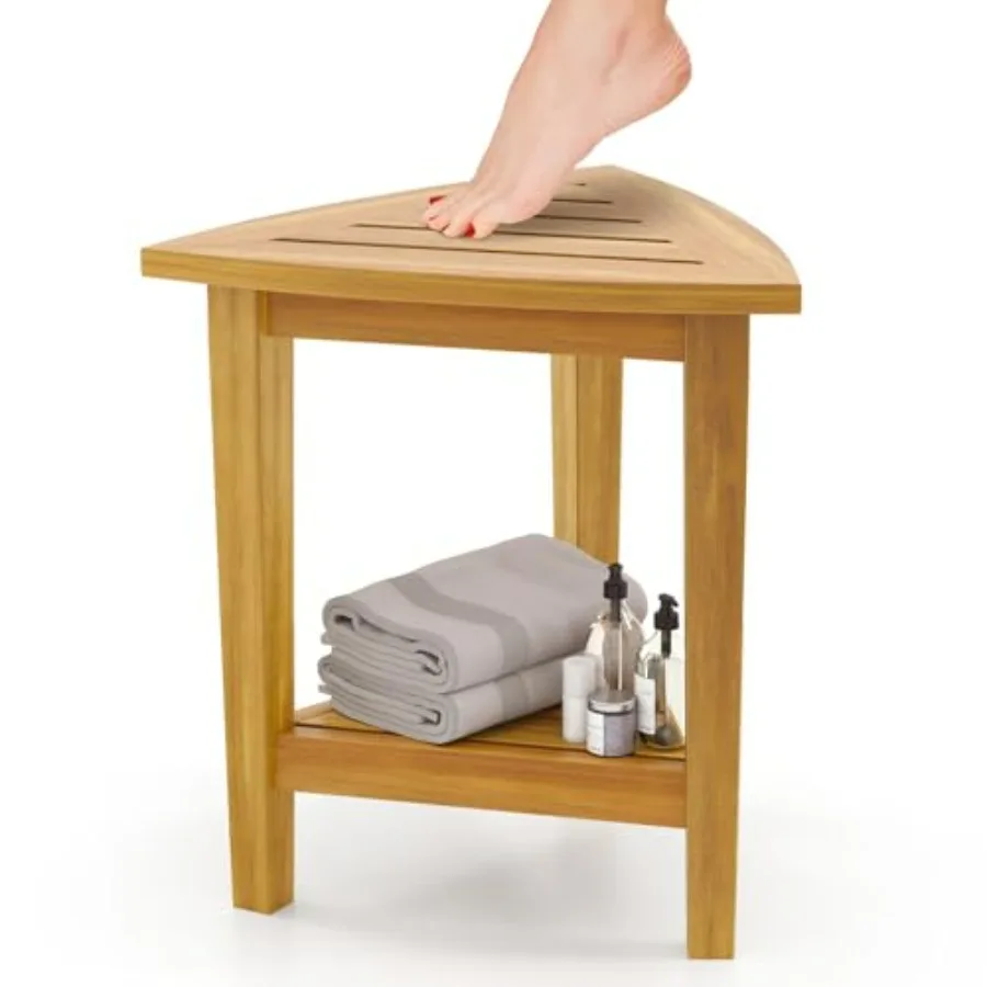 

Giantex Corner Shower Bench - Teak Wood Shower Stool with Storage Shelf Waterproof Bathroom Chair for Shaving Legs Spa Bathing