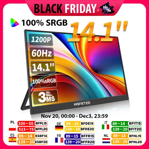 HGFRTEE 14.1inch Mobile Portable Monitor IPS Second Game Screen Extended Display for Laptop with Bracket For xbox/raspberry Pi