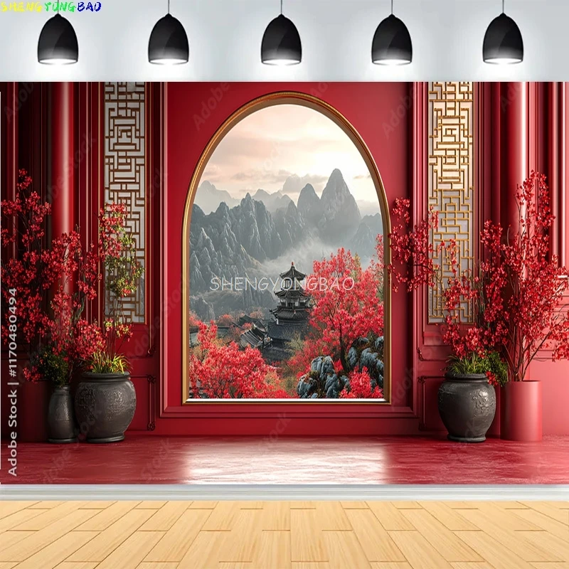 Chinese New Year Decor Photography Backdrops Red Lanterns Flowers Decorated Spring Festive Fan Blossom Background TK-02