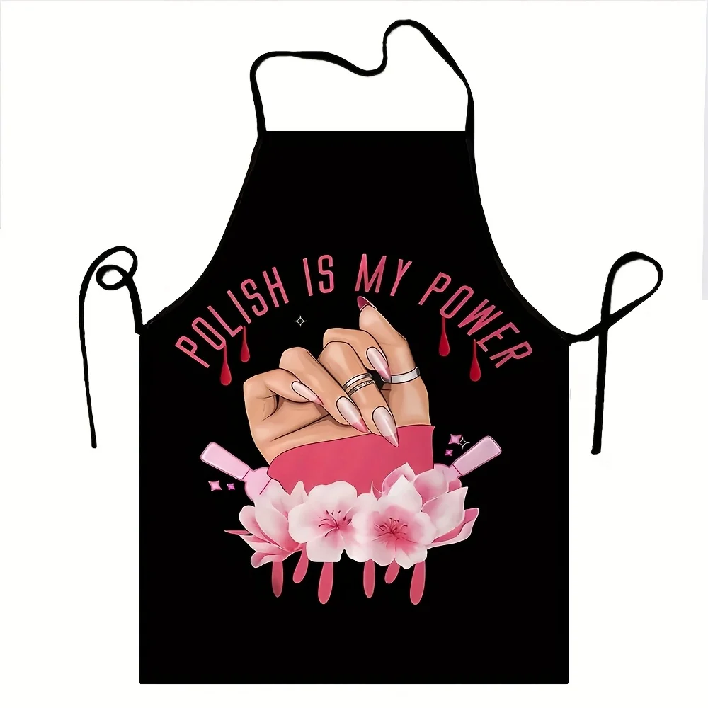 

"Nail Polish Is My Strength" Apron for Men & Women - Black with Pink Nail Art Design, Floral Accents, Perfect for Cooking, BBQ