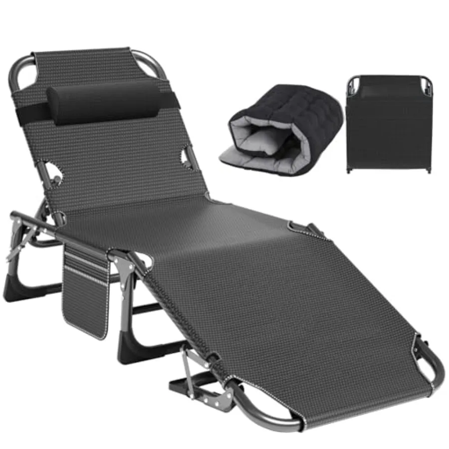 

Heavy Duty Tanning Chair, 5-Gear Outdoor Folding Chaise with Cushion, Portable Beach Chair for Outdoor Sunbathing, Patio, Pool,