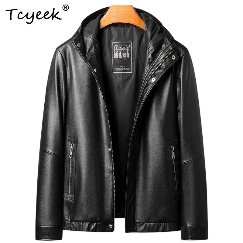 

Tcyeek Настоящий верхний слой из коровьей кожи Весна Осень Модная черная короткая мужская куртка с капюшоном Куртка Кожаная Мужская 가죽 자켓