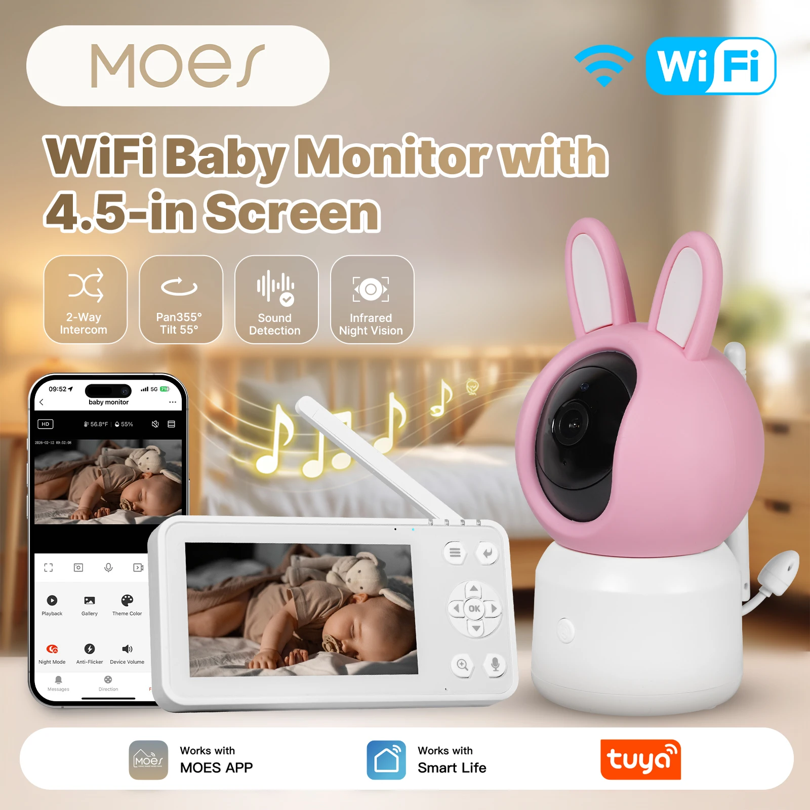 

MOES WiFi Baby Pet Monitor Security Smart Camera With 4.5 Inch LCD Screen Tuya PTZ Zoom Surveillance Temperature Sensor Lullaby