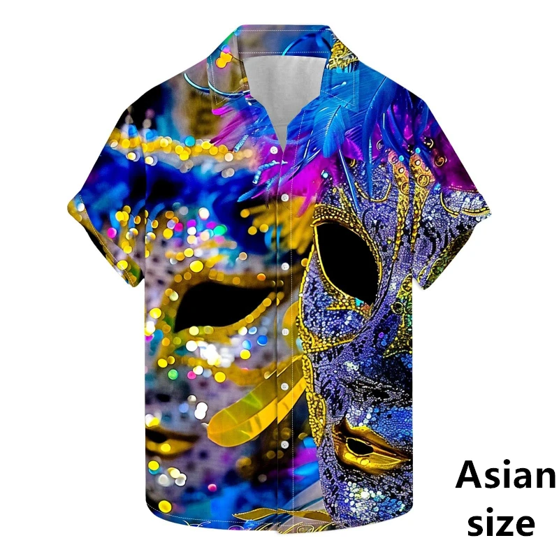 Mardi Gras Men Shirts 3D Print Mask Artistic Abstract Daily Tops Summer Casual Button Lapel Short Sleeves Women Carnival Blouse