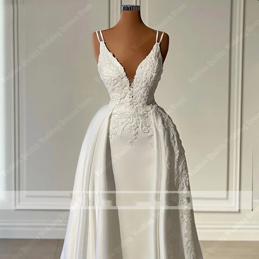 Elegant Shining Satin Women Wedding Dresses Sexy V- Neck Backless Sleeveless Mopping Length Party Vestidos De Novias Customized