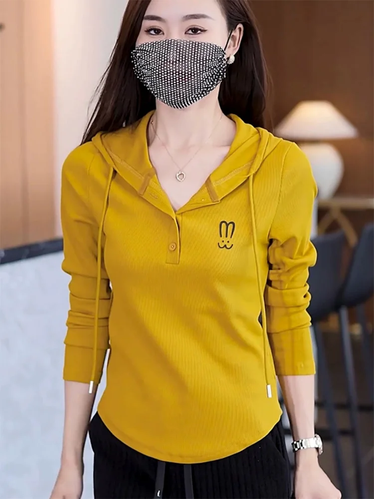 Slim Fit Long Sleeve Hoodie Women's Fashionable Thin Style Spring Autumn T-Shirt Threaded Cuff Korean Style Cotton Top