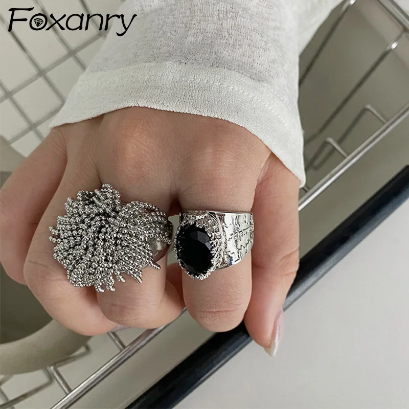 Foxanry Black Zircon Tassel Rings For Women Couples Sweet Fashion Creative Design Personality Elegant Exaggerated Party Jewelry