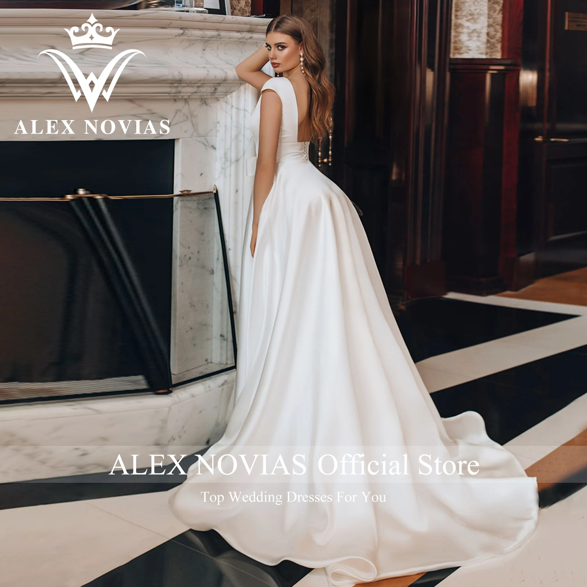 Alice NOVIAS – robe De mariée en Satin, ligne a, manches courtes, avec poches, col en v, dos nu, nœud, 2023