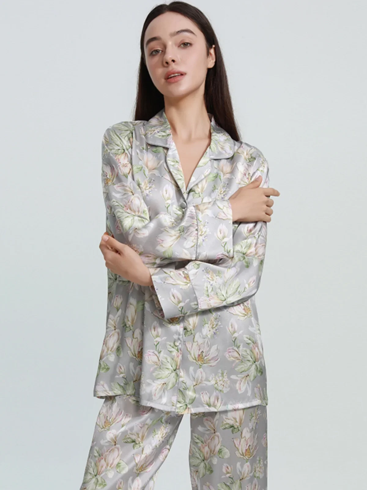 19 مللي متر 100% التوت الحرير الأزهار المرأة منامة مجموعة فاخرة طويلة الأكمام بنطلون سترة بيجامة دعوى أنيقة زر حتى ملابس النوم