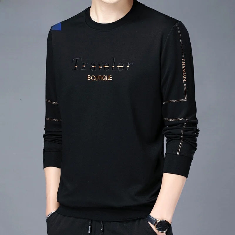 

Rn Men's Fce Lined Embroidered Sweatirt Thi Long Sve round Ne Warm Top Trendy Autumn Winter Faion Ci Wear
