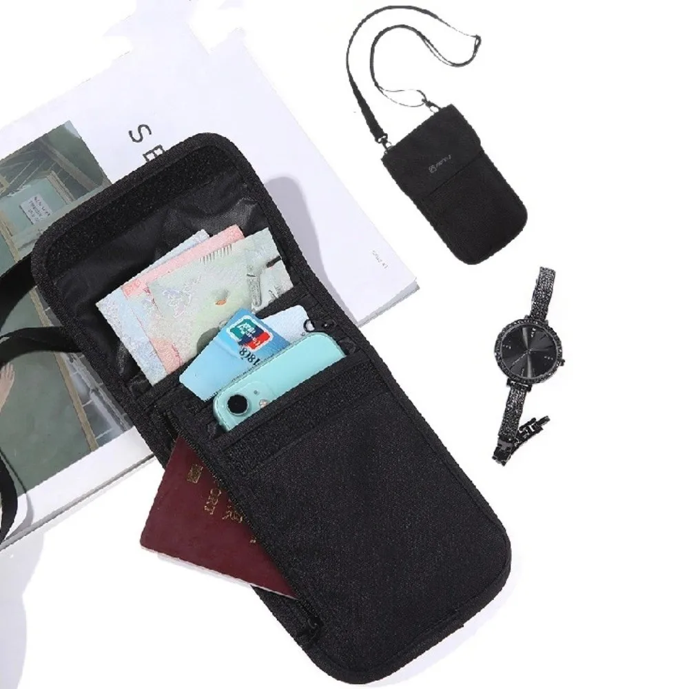 Accesorios de viaje Cartera de viaje Porta billetes de nailon Bolsa de viaje para el cuello Cremallera Caqui Negro Porta pasaporte familiar Tarjeta de crédito