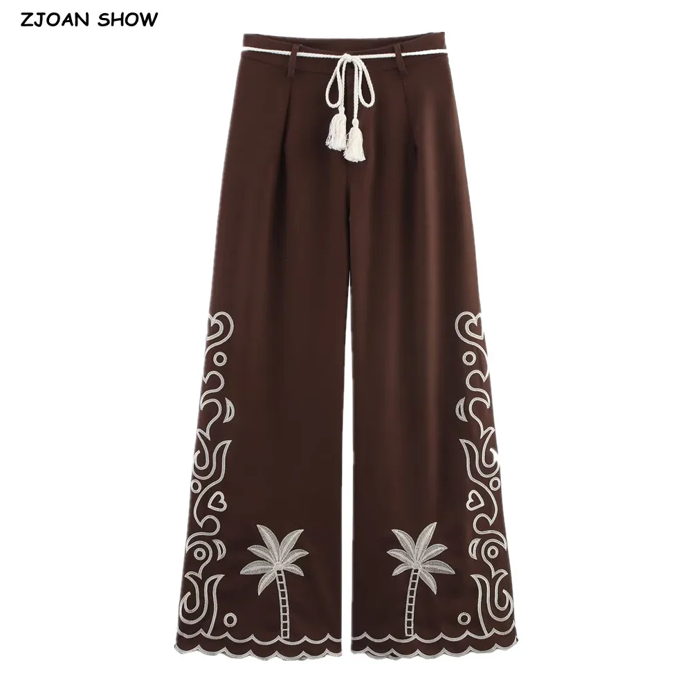 

2025 Ethnic Coffee Embroidery Flower Wide leg Pants Women Bow Tassel Rope Zipper Waist Loose Casual Floor Length Trousers Pants