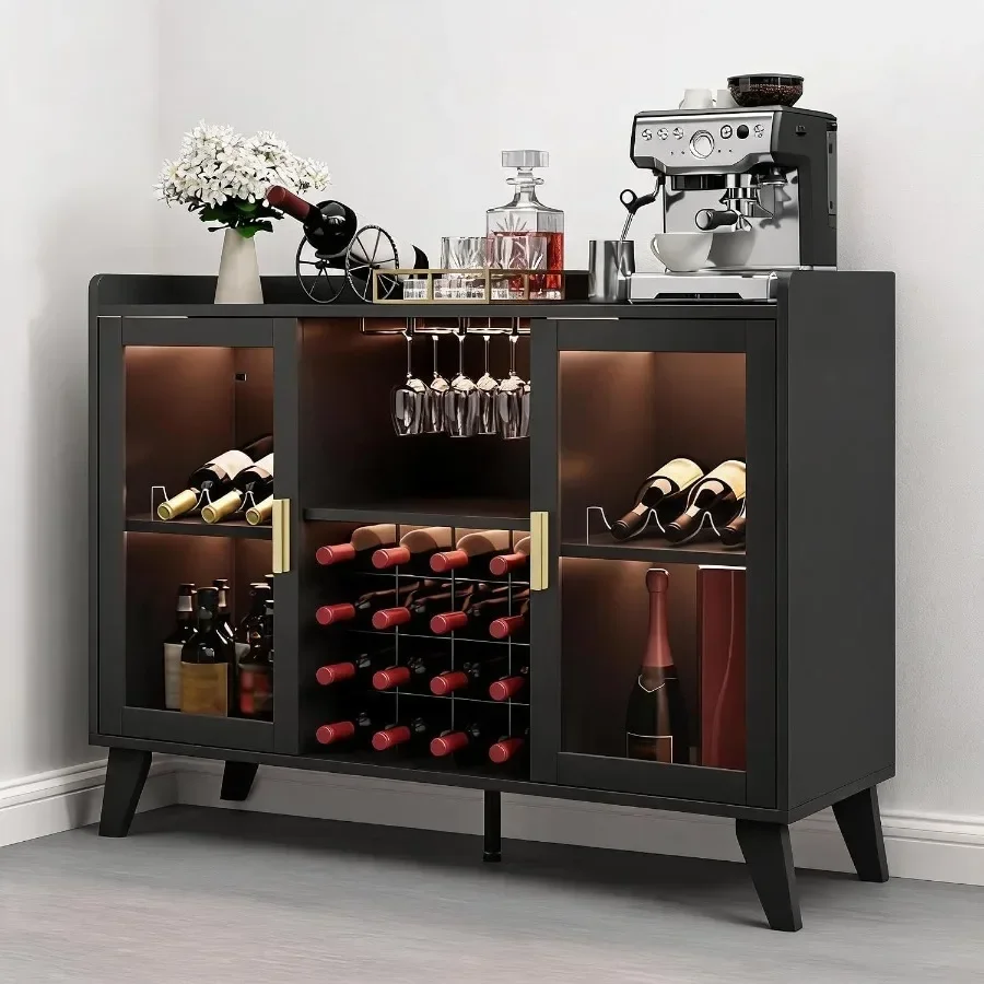 Bar Cabinet with LED Lights for Wine Storage, Black Acrylic Doors, Modern Illuminated Design view 5