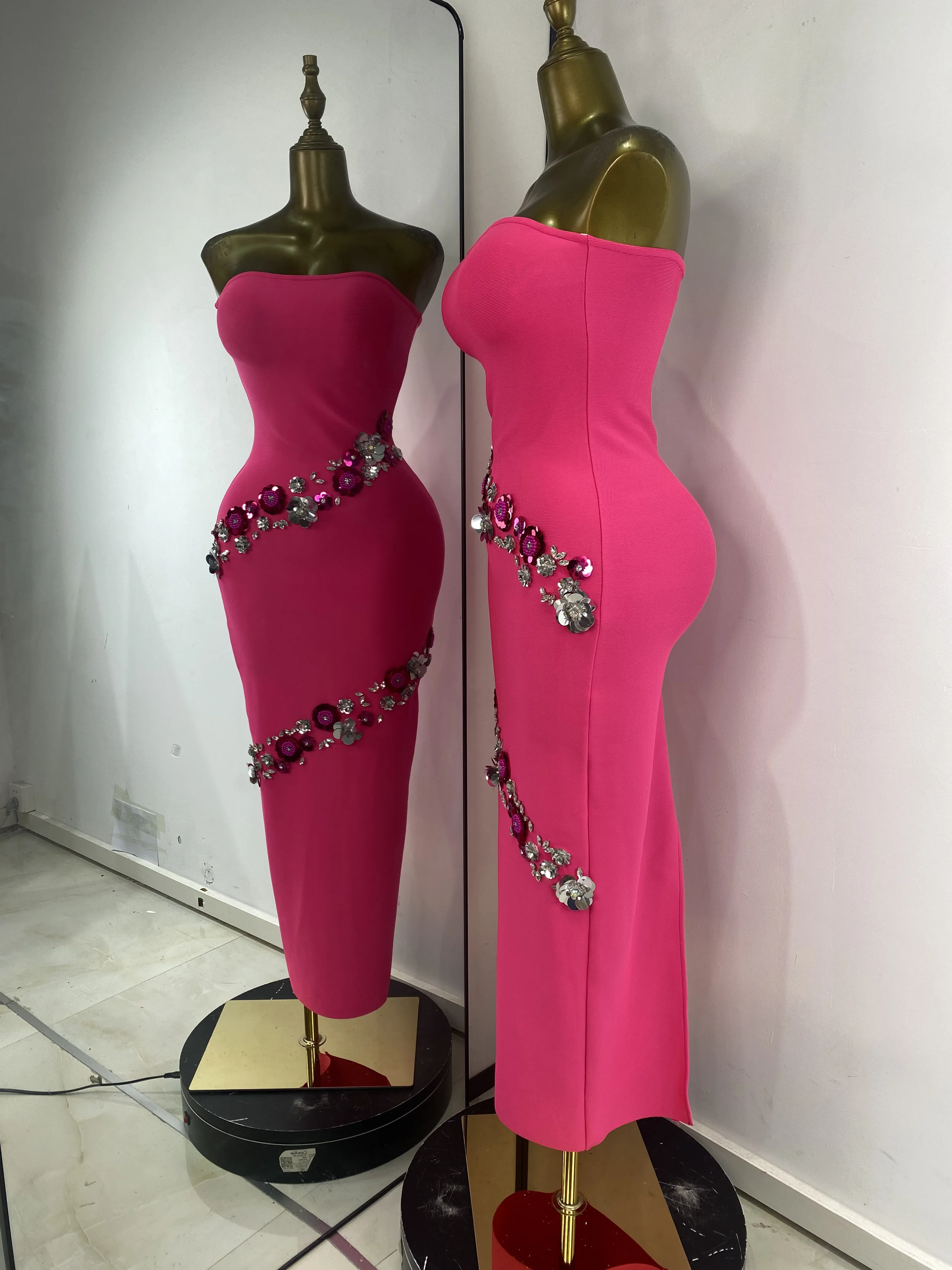 Women New Design Bandage Dress Hot Pin Straples Rhinestones Sequines Flower Long Birthday Celebrity Evening Club Party Dresses
