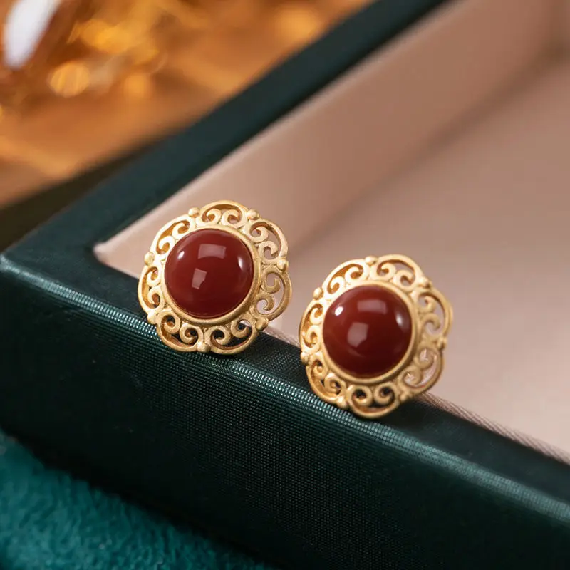 

New ancient gold craft inlaid southern red tourmaline round earrings personality high-end girls party accessories