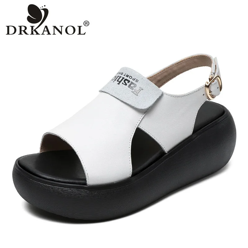 DRKANOL 2024 Women Wedges Heel Sandals Summer Open Toe Buckle Strap Genuine Leather Platform Sandals Women Casual Summer Shoes