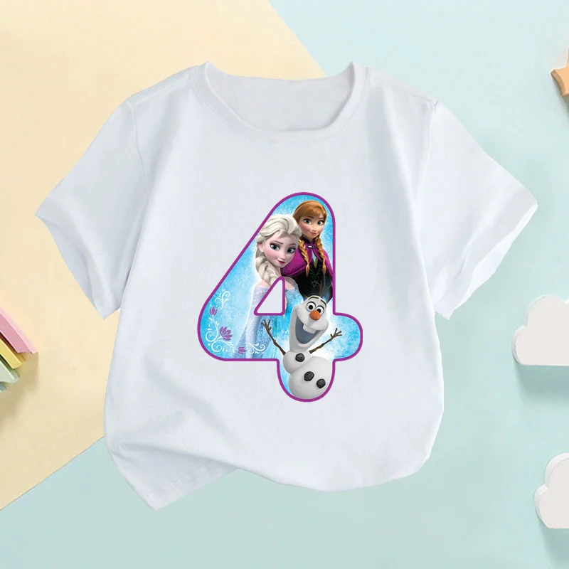 Frozen Elsa Anna Princess Number Bow Print Kids Tshirt Girls Clothes 1 2 3 4 5 6 7 8 9 Years Birthday Baby Boys T-Shirts,HKP2453