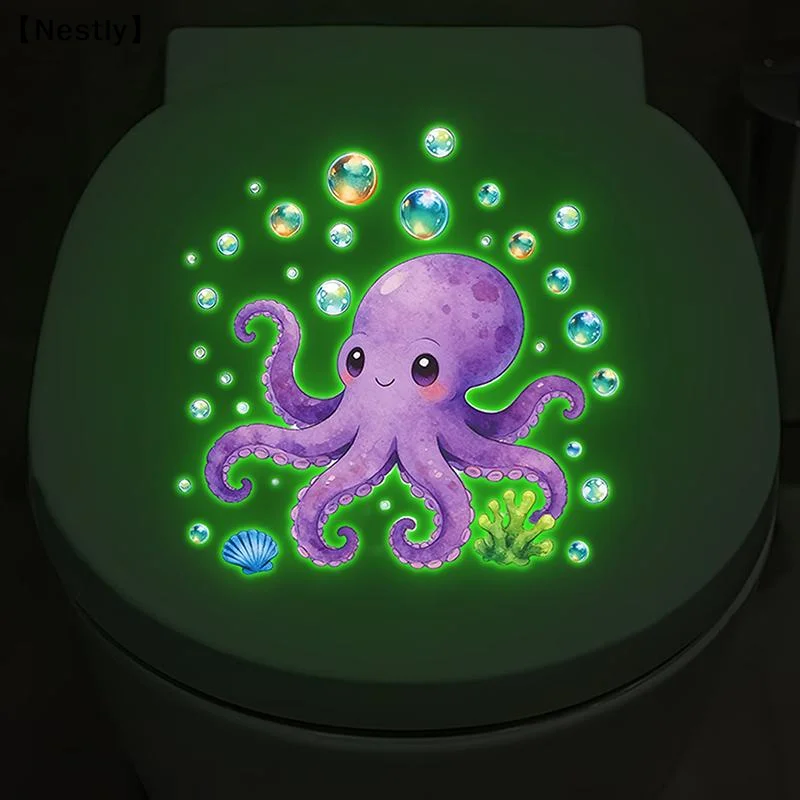 Glow-In-The-Dark Painted Octopus Toilet Sticker Self-Adhesive Removable Wall Decals Home Decor Luminous Car Sticker〔Nest〕