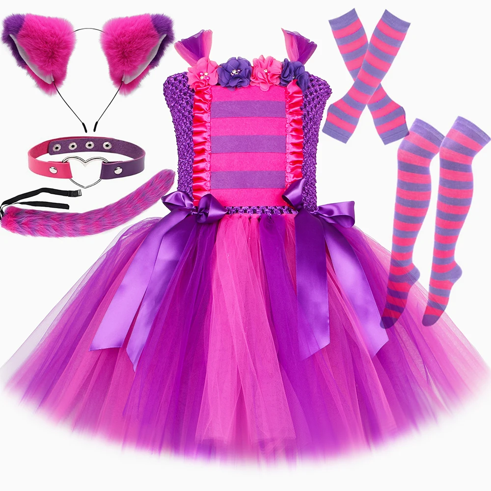 Girls Cheshire Cat Costume Pink Purple Striped Wonderland Magic Cat Tutu Dress Outfit Kids Halloween Birthday Princess Dress Up