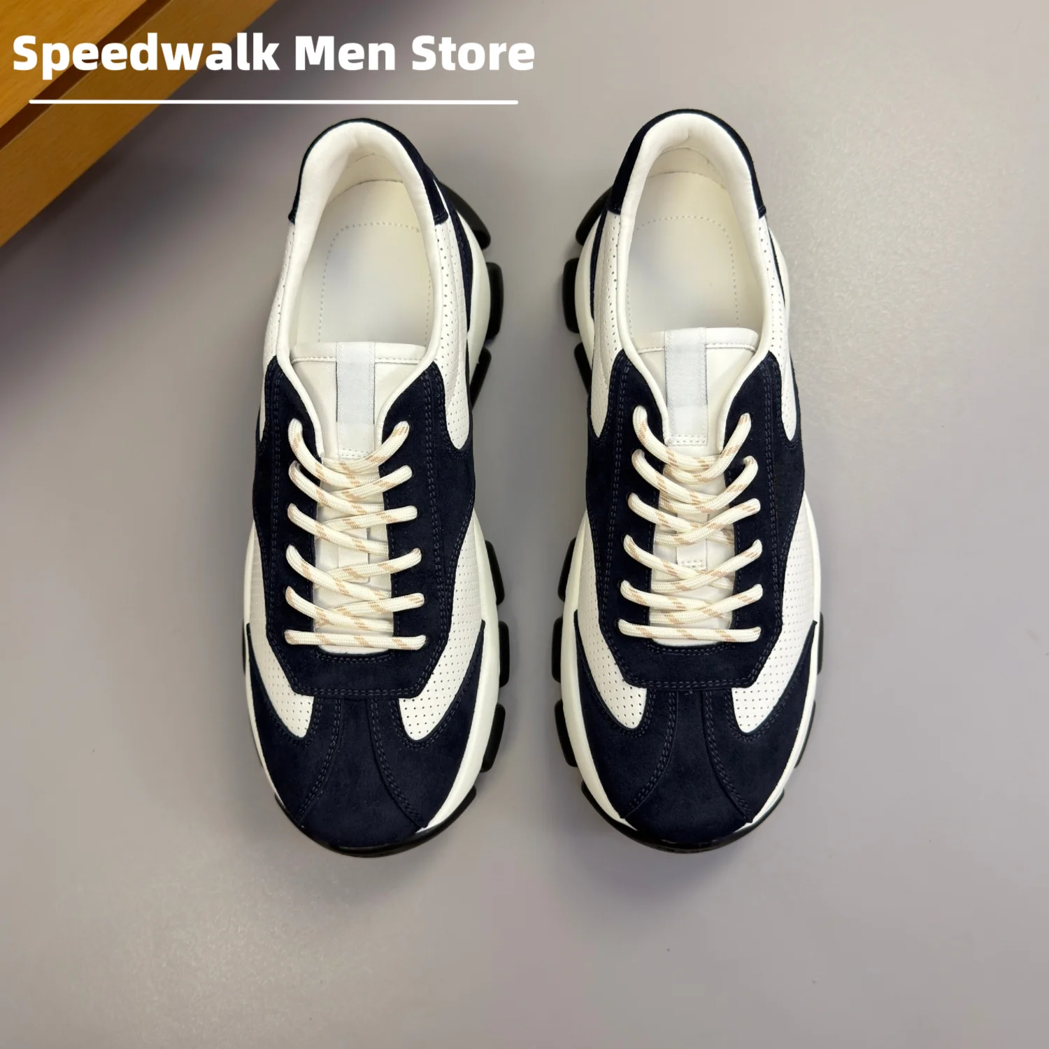 Vintage Chunky Trainers Men Suede Patchwork Sneakers Breathable Hole Leather Block Cushion Sole Non Slip Fashion Daily Walking