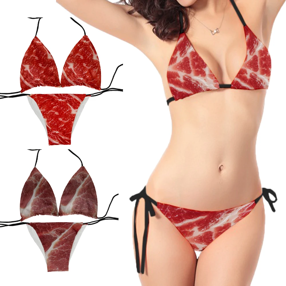 

Funny skinny bikini suit ladies sexy pork belly print swimsuit summer beach party swimsuit two-piece suit is not a thong