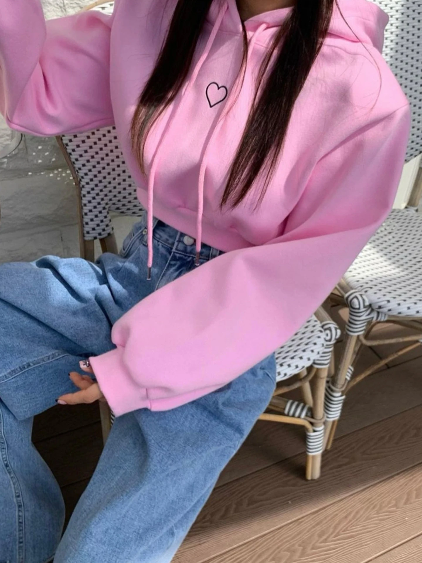 Gray Love Heart Embroidered Hoodie Women's Loose Fit Short Style Korean Version Autumn Winter Coat Top Cotton Material