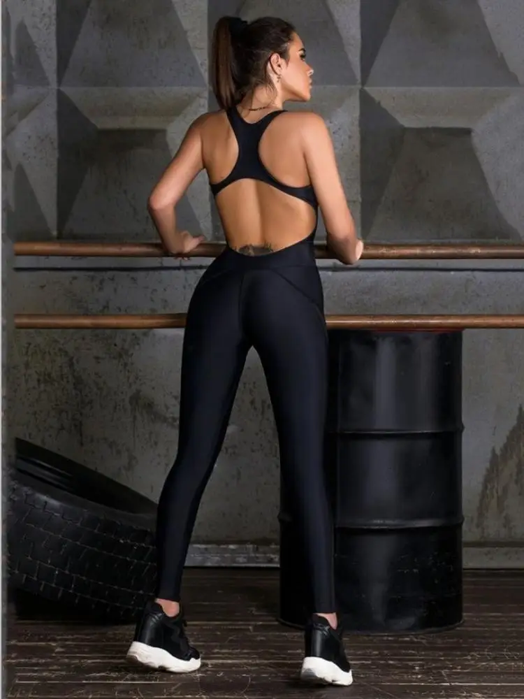 Gymdolphins Women's Solid Black Tight-fitting Jumpsuit Halter Backless Mesh Patchwork Suit Summer Sportwear Yoga Fitness Overall