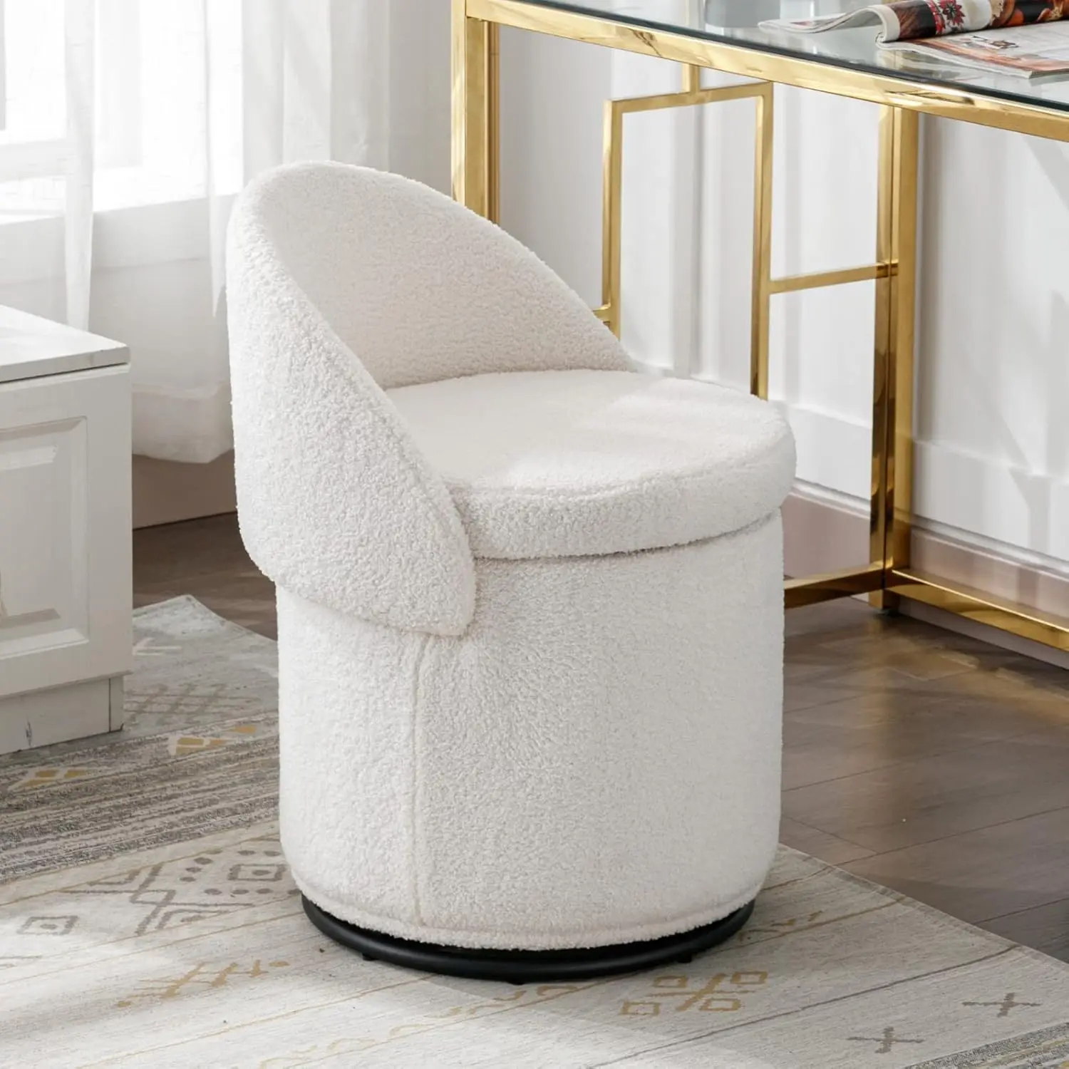 Ottoman Vanity Chair, Sherpa Upholstered Barrel Chair Club Chair 360°Degree Swivel Side Chair with Storage, Comfy Makeup Stool f