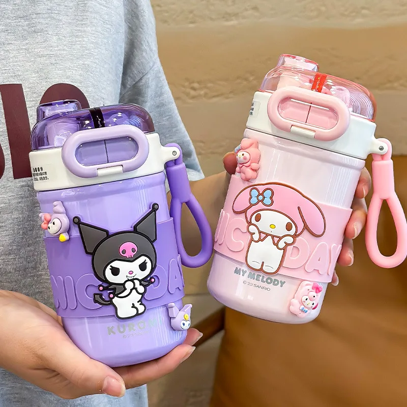 

430ml Kawaii Sanrio Kids Thermos Cup My Melody Kuromi Cute Student Straw Cup Cinnamoroll Portable Double Drink Stainless Cup