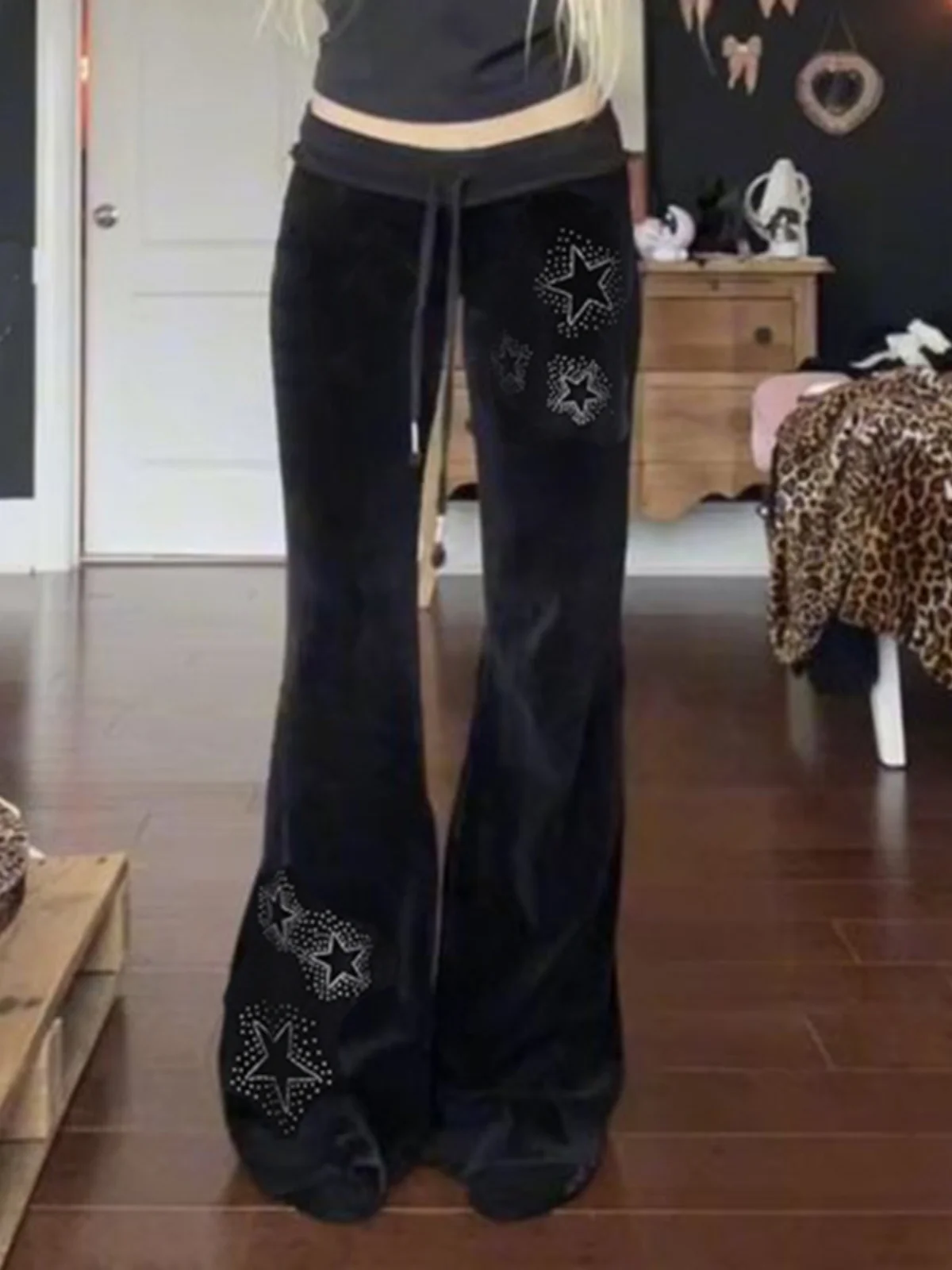 Pantaloni svasati con lacci a vita bassa Pantaloni lunghi a vita alta da donna Casual Fibra di poliestere Altro materiale 00%