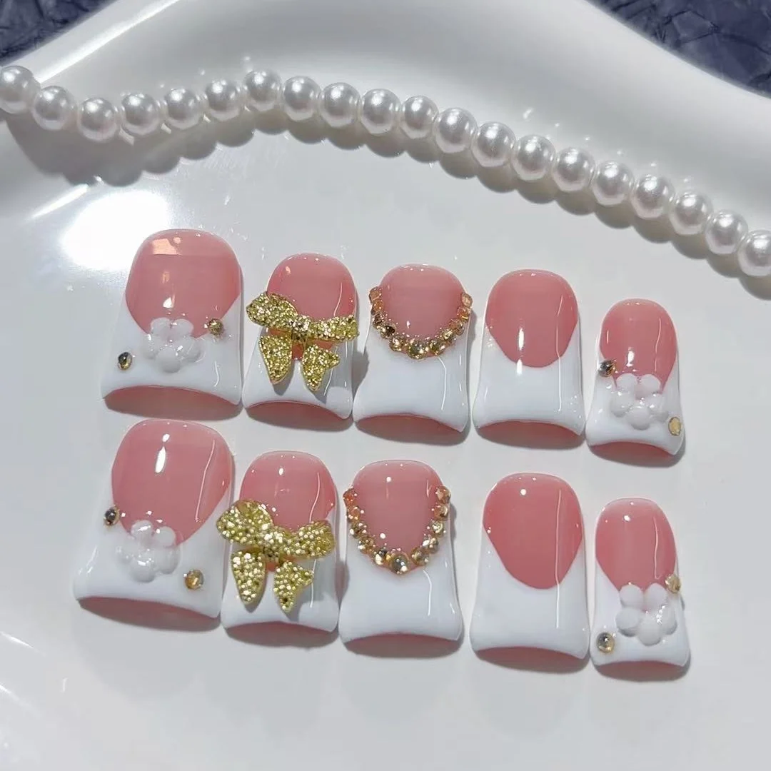 10pcs high-end Elegant and ladylike style, hand-painted three-dimensional bow, flowers, sparkling dot diamond handmade fake nail