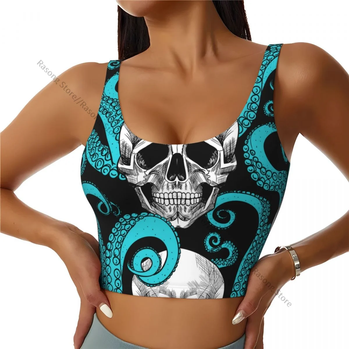 Sports Bra Women Running Yoga Clothes Vest White Skull With Octopus Foot Gathering Fitness Vest