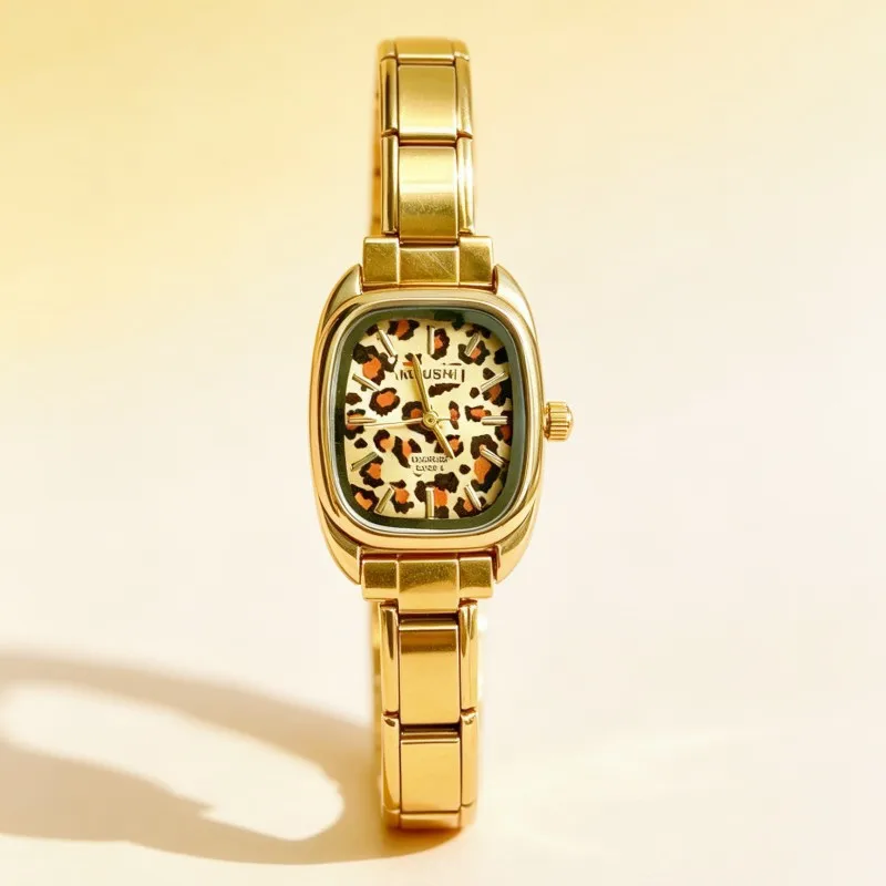 Women Leopard Print Dial Quartz Wrist Watch Golden Stainless Steel Band Square Analog Wristwatch for Ladies Daily Party Jewelry