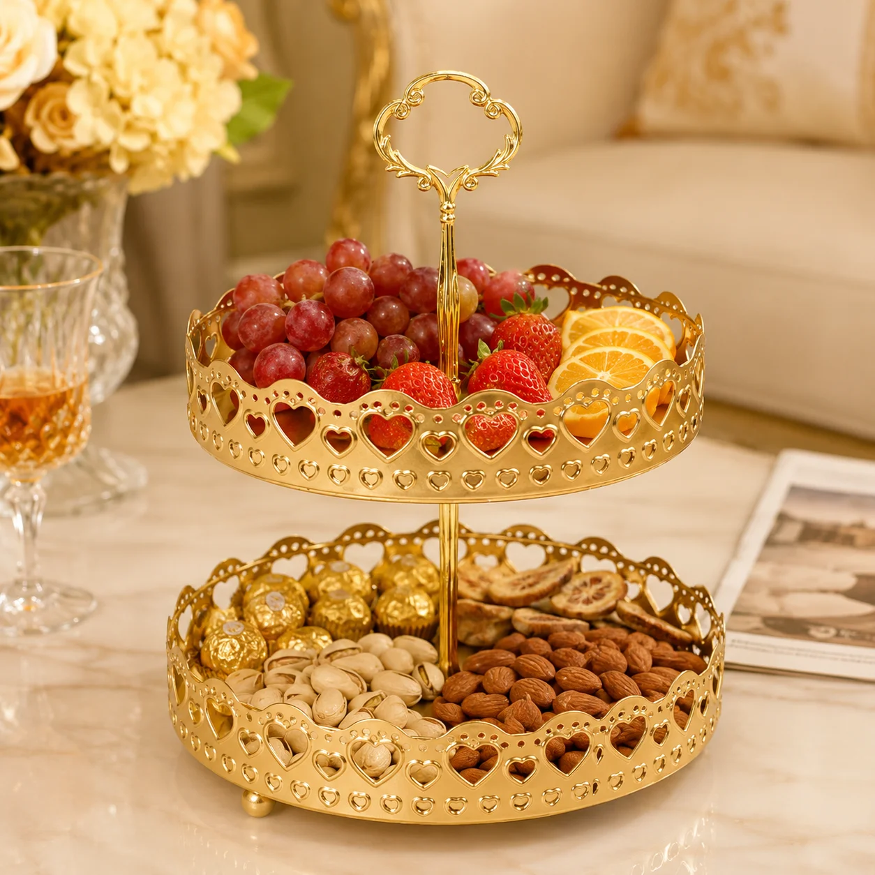 2 Tier Metal Fruit Basket Gold Cake Stand Snack Tray Dessert Plate Candy Dish Living Room Kitchen Table Storage Holder