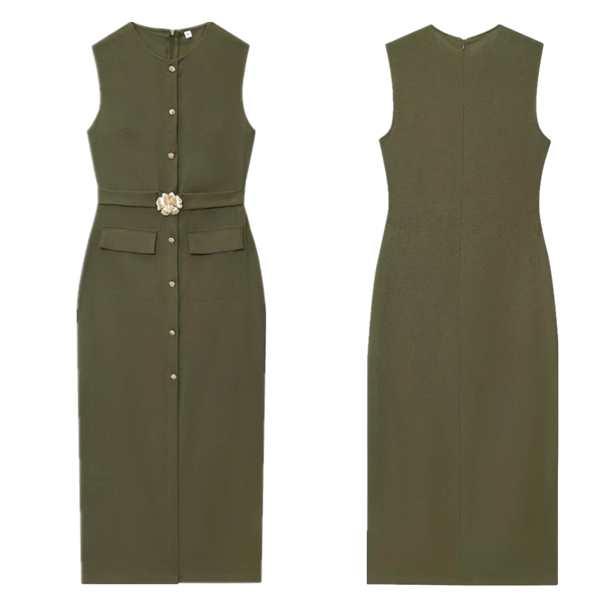 

Maxdutti French Retro Army Green Single-breasted Slim-fitting Dress Cotton And Linen Texture Belted Dress Women Party Dresses Ve