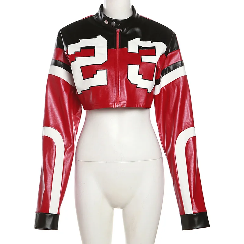 

Women Leather Jackets 2024 New Fashion Hipster Letter Print Crop Varsity Baseball Coats Y2K Cyber Racer Patchwork Cropped Jacket