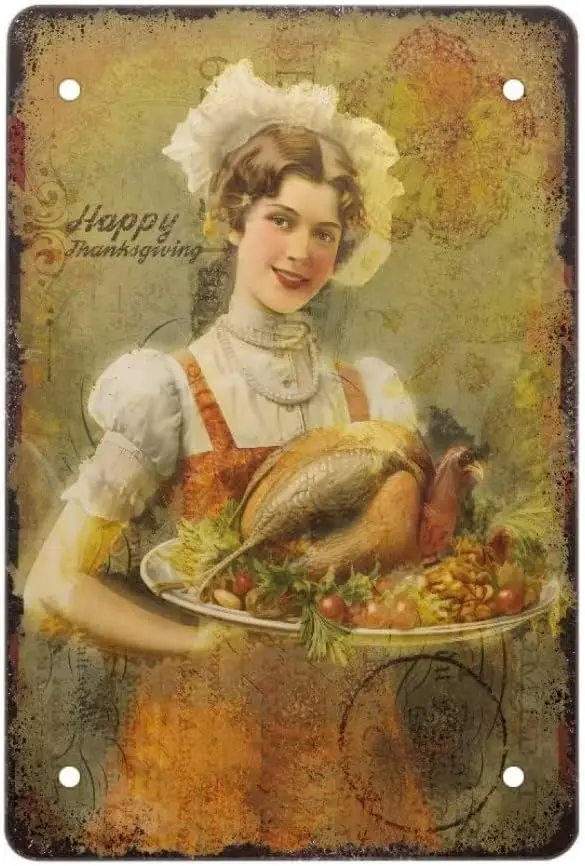 

Jeiento Happy Thanksgiving Metal Tin Sign Women Roasted Turkey Iron Painting Wall Poster for Indoor Farmhouse Coffee Shop Thanks