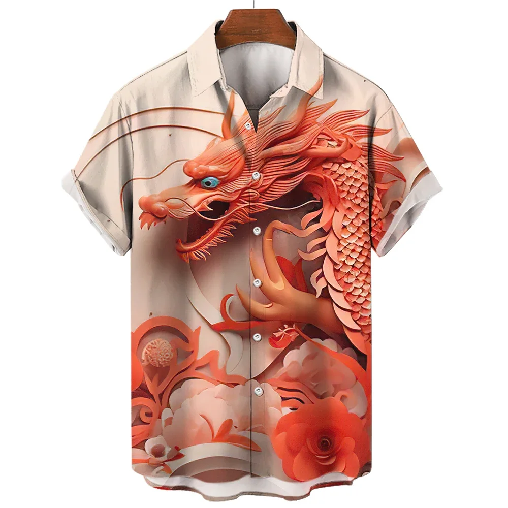 2024 China Dragon Men\'s 3d Printed Shirt Street Hawaiian Shirt Men\'s Daily T-shirt Animal Wolf Casual Shirt Men\'s Fashion Men\'s