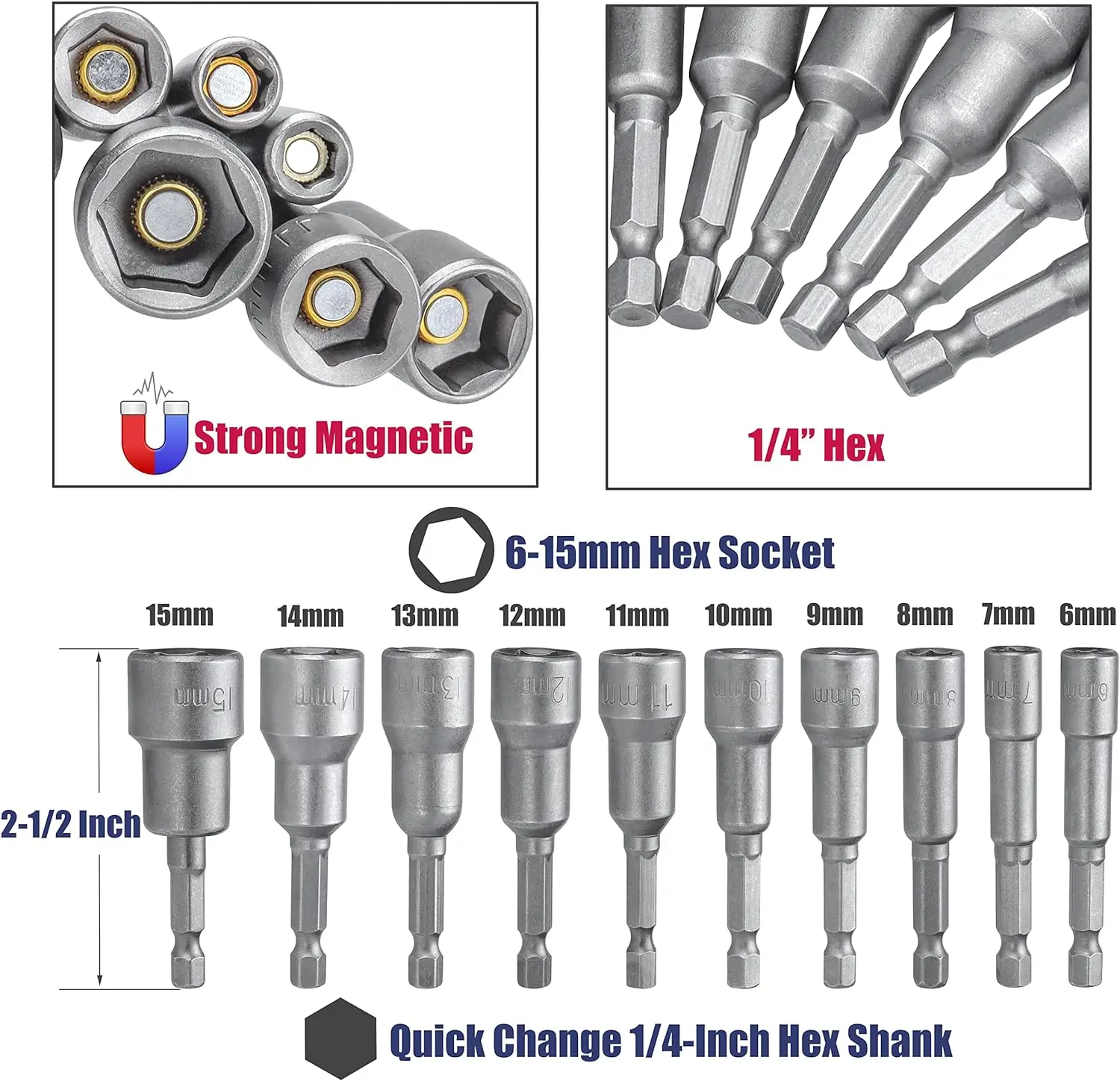 6-19MM1/4” Impact Socket Magnetic Nut Screwdrive Power Drill Bit Set Adapter Bolt Drivers Repairing Tool