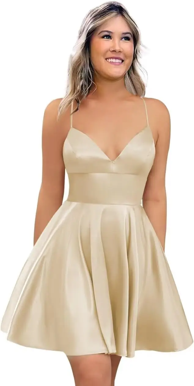 

Satin Youth Back To School Dress with Suspender V-neck A-line Mini Skirt Slim Elegant Party Ball Dress with Pocket Short Women's