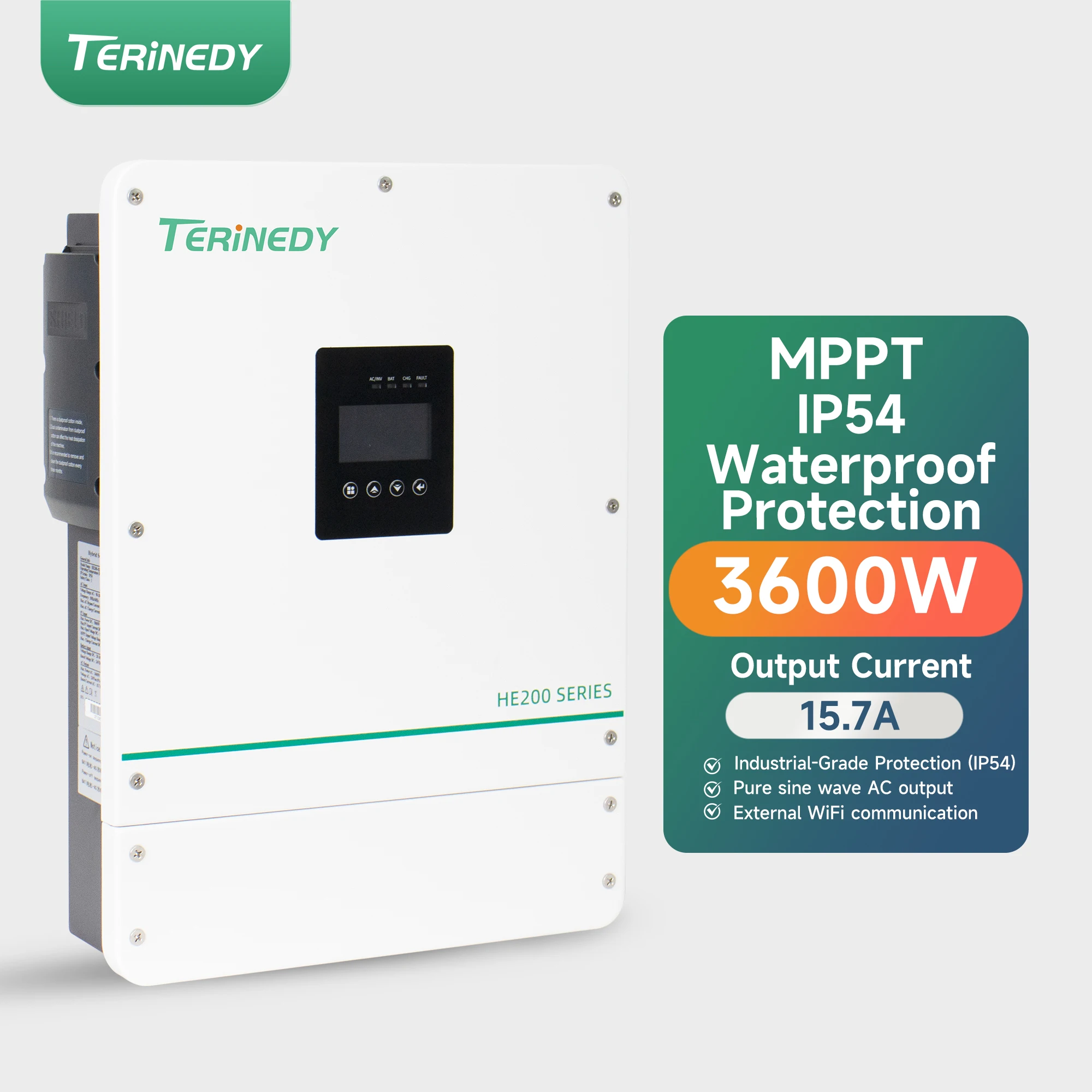 HE 200-4200-T IP54 3.6kW Hybrid Solar Inverter, IP54, 5000W PV Input, 40-450V DC, 220/230/240V AC Output, 18A, 50/60Hz