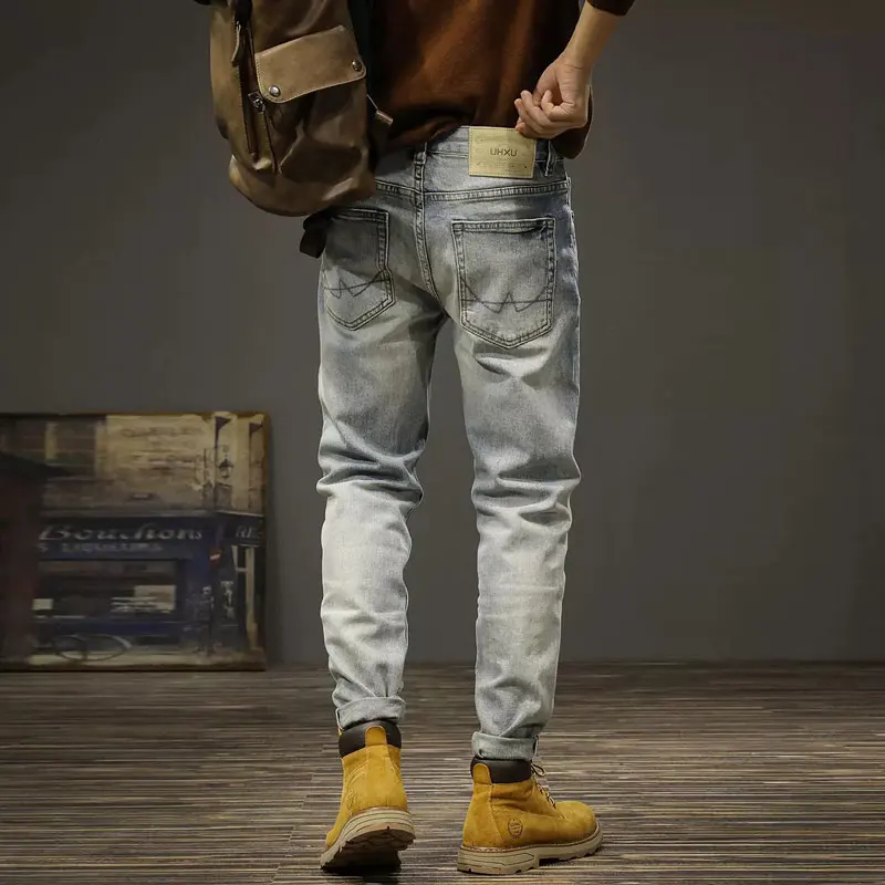 Fashion Designer Men Jeans Retro Light Blue Elastic Stretch Slim Ripped Jeans Men High Quality Vintage Casual Denim Pants Hombre