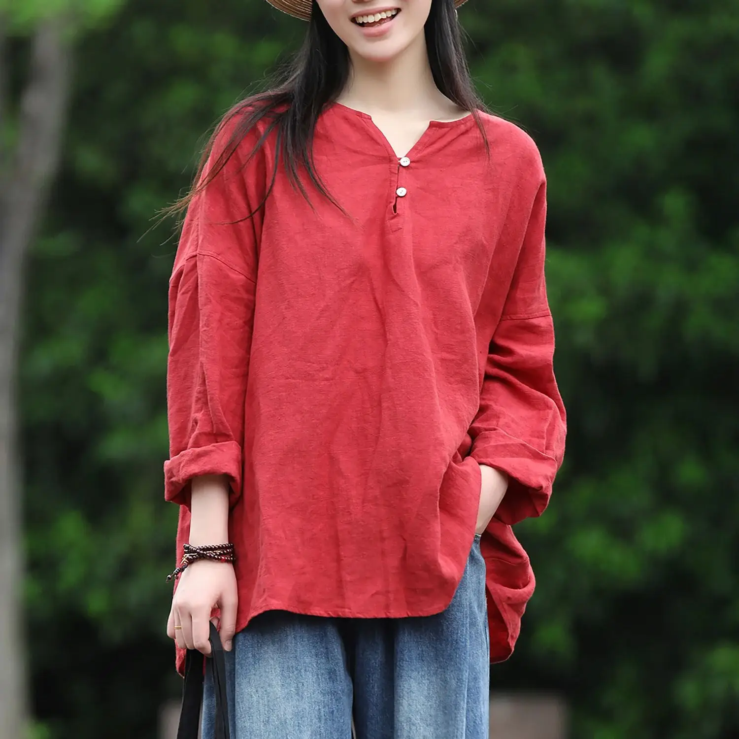 

LZJN Early Autumn New Arrival Linen Long-Sleeved Loose Crew Neck Shirt Casual Versatile Plus-Size Solid Color Fashion Top