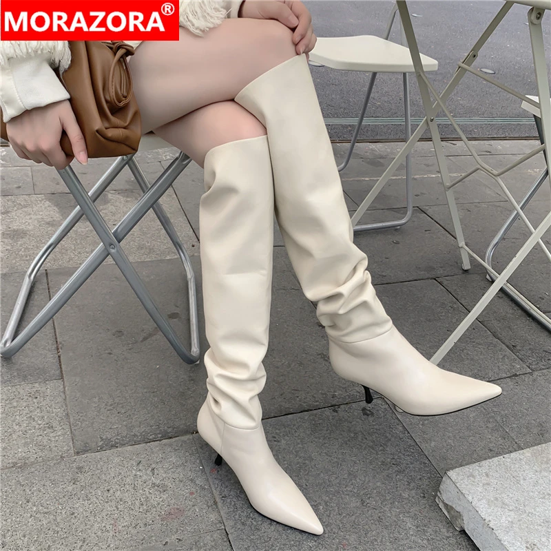 MORAZORA 2024 Size 33-43 Genuine Leather women boots stiletto heels pointed toe ladies shoes winter solid color knee high boots