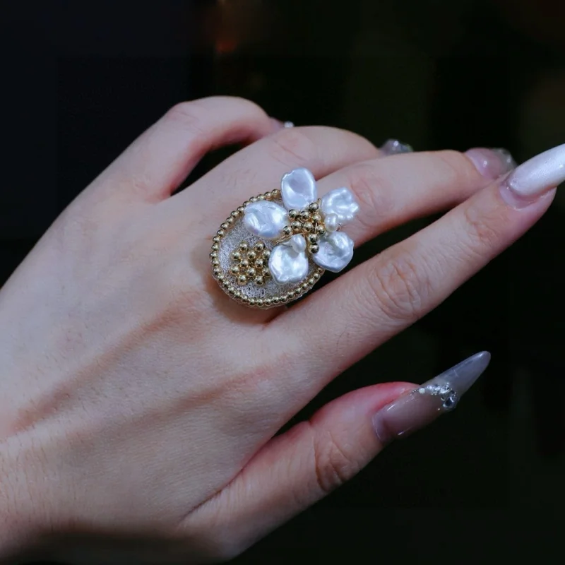 

SGARIT 14k Gold Filled Ring for Woman Natural Freshwater Baroque Petal Pearl Adjustable Wedding Ring