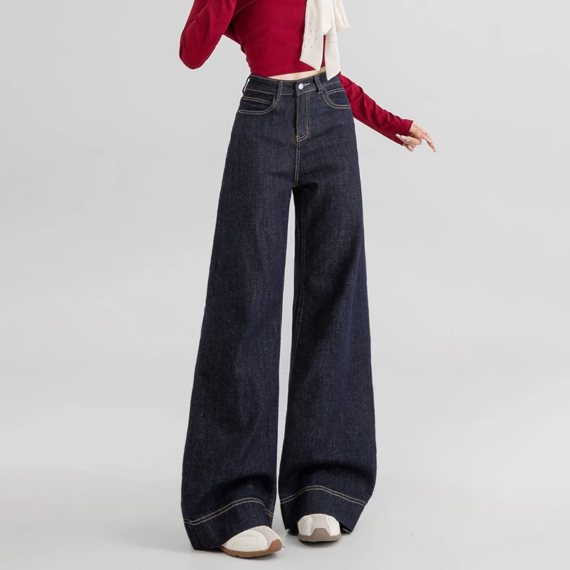 Pantalones vaqueros elegantes de cintura alta para niña, pantalones vaqueros de pierna recta informales Retro para mujer, pantalones coreanos con parte inferior acampanada para uso diario