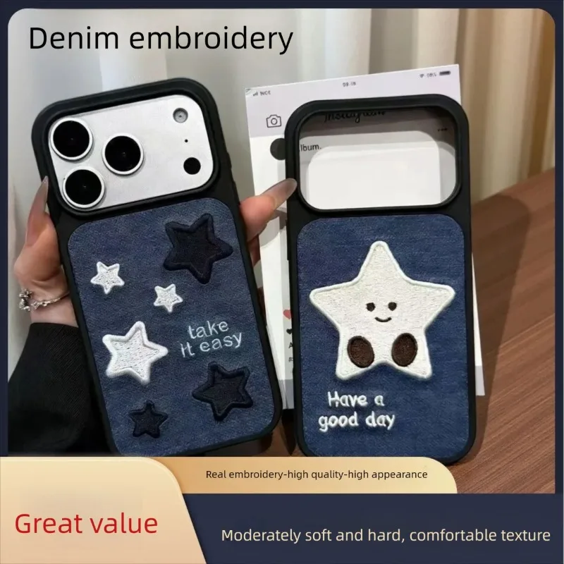 

Denim Star Embroidery Couple Phone Case for iPhone 17 Pro Max, Soft TPU Shockproof Matching Lover Protective Cover for Women