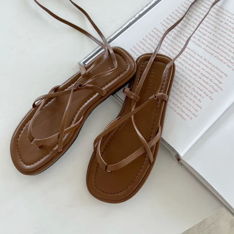 Summer 2024 Sandals for Women with Strap Open Toe Footwear Sexy Ladies Shoes Roman Style Flat Chic and Elegant Daily Wholesale H