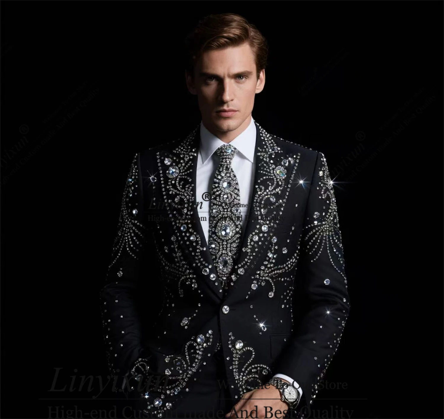 

High End Men's Suit Metal Embellished Beaded Tuxedo 3 Pieces Sets Customized Wedding Groomsmen Blazer Outfit Fashion Ropa Hombre